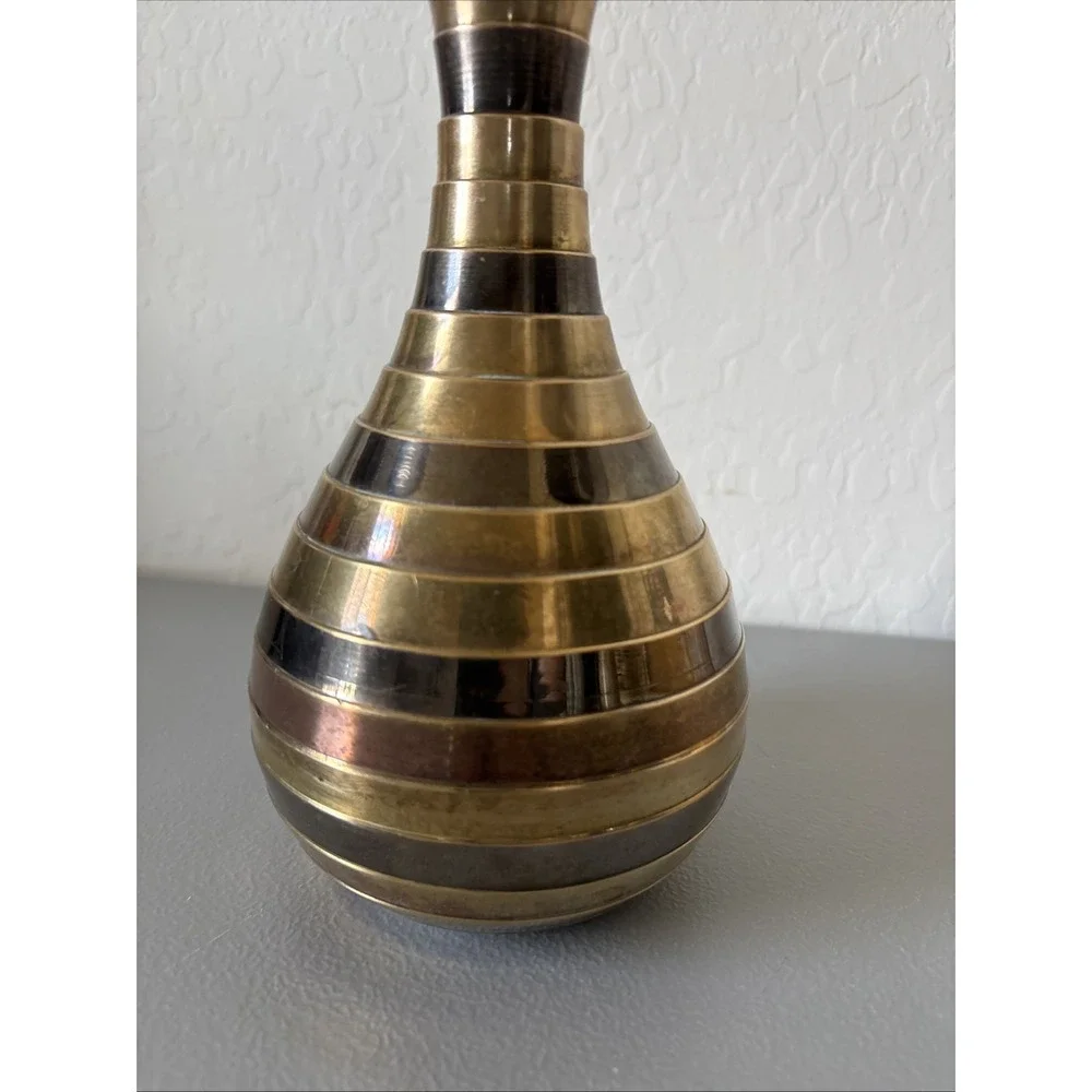 Vintage MCM Brass Copper Striped Vase 9